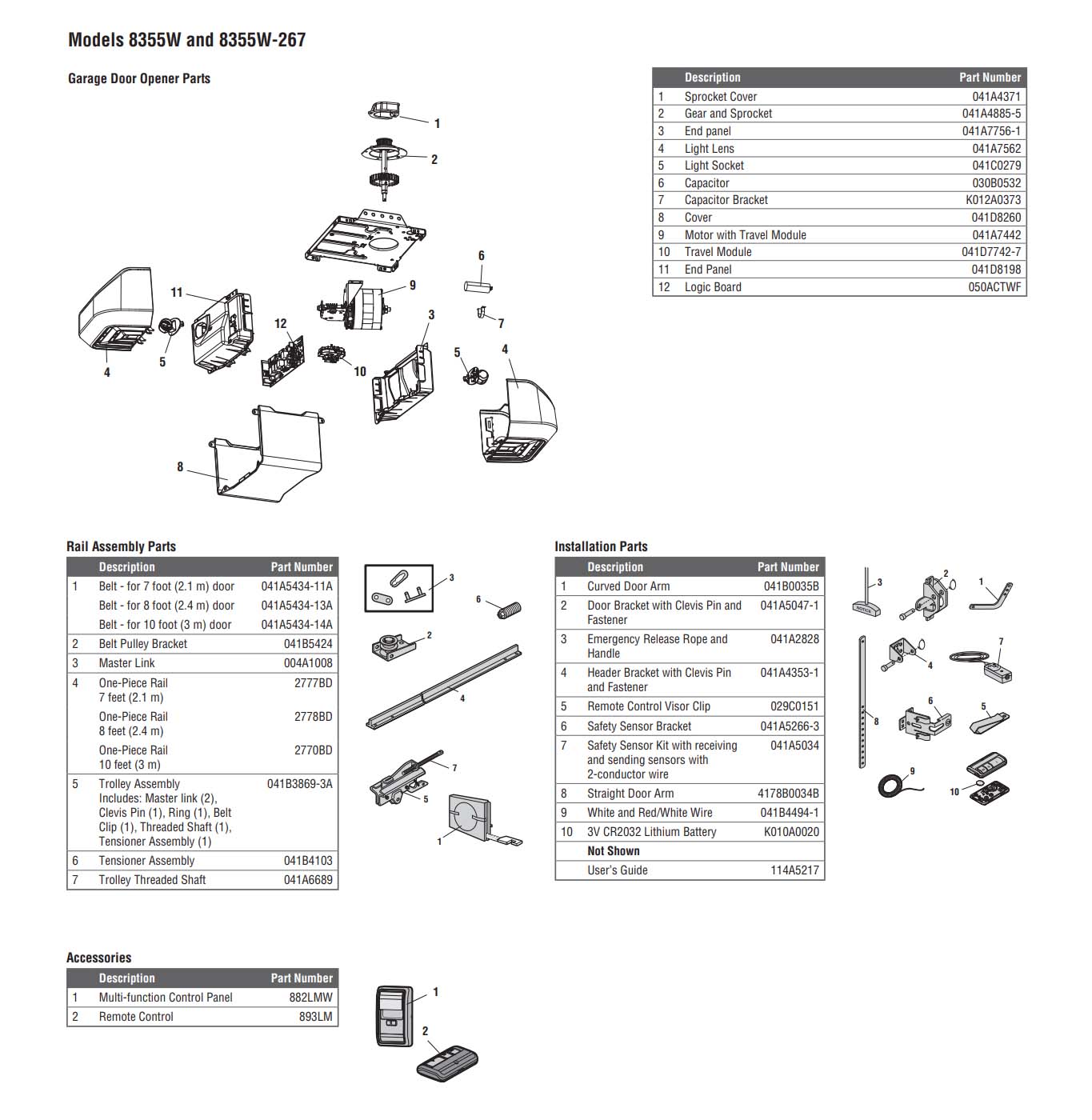 LiftMaster 8355W and 8355W-267 Garage Door Opener Parts Diagram and List