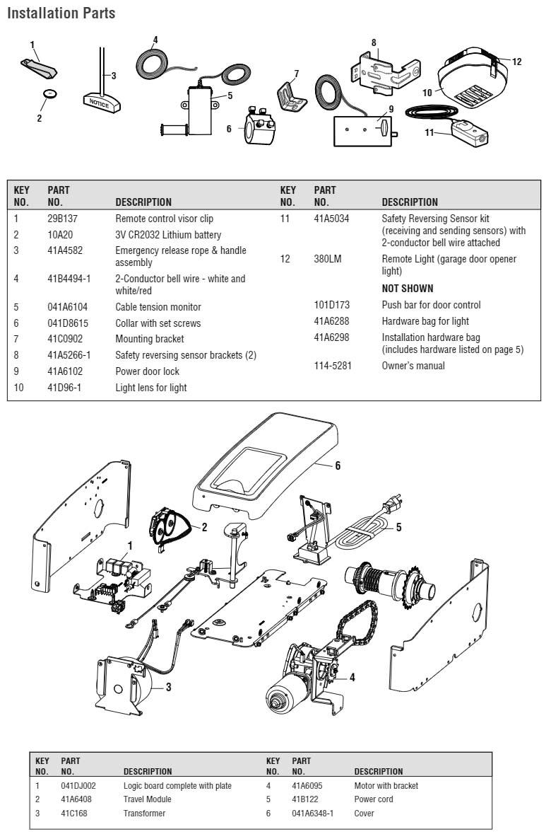 LiftMaster 8500 and 8500-267 Garage Door Opener Parts Diagram and List