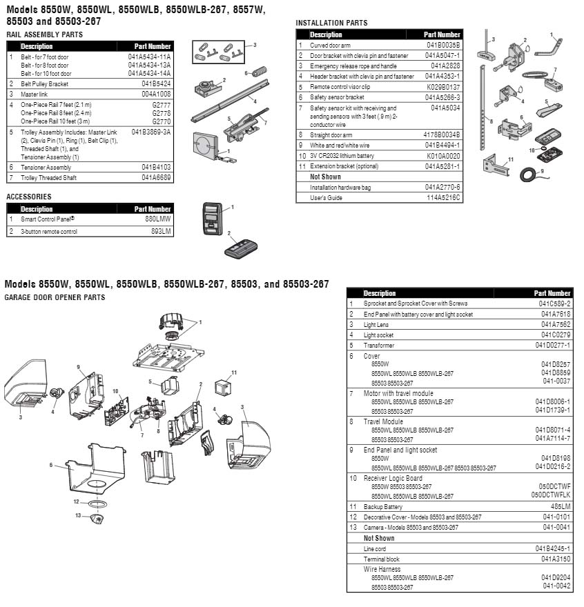 LiftMaster 8550WL, 8550WL-267, 8550WLB and 8550WLB-267 Garage Door Opener Parts Diagram and List